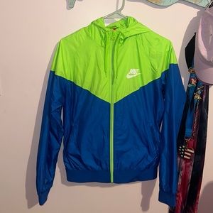 Women’s Nike neon green and blue hooded windbreaker